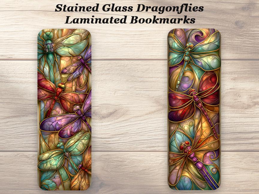 Stained Glass Dragonflies Bookmarks. Set of 4 Laminated Bookmarks. Book Lover Gift