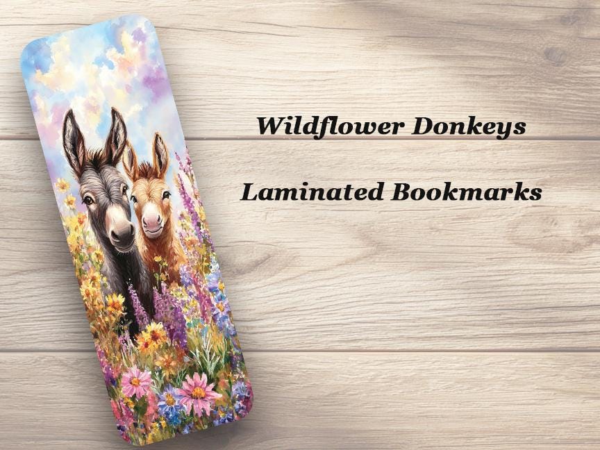 Wildflower Donkeys Bookmarks. Set of 4 Laminated Cute Donkey Ideal Gift for Book Lovers