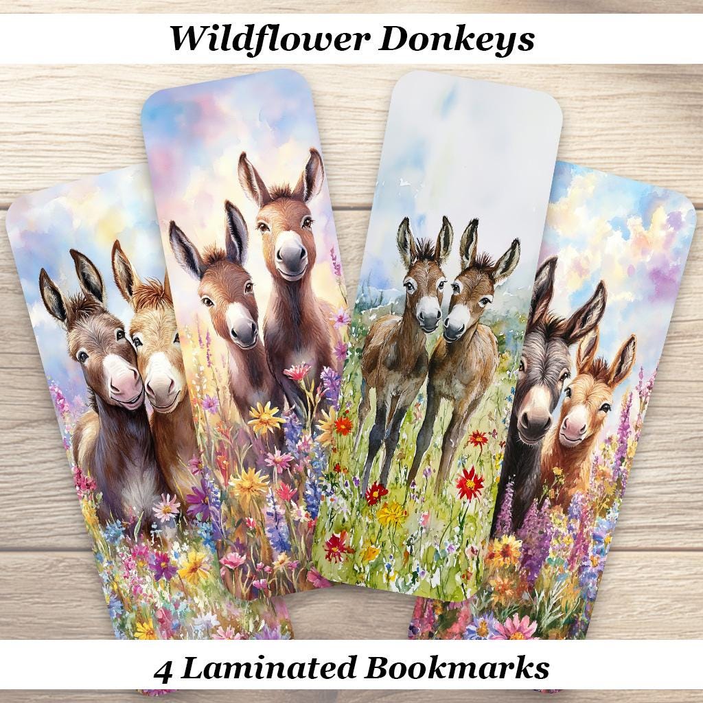 Wildflower Donkeys Bookmarks. Set of 4 Laminated Cute Donkey Ideal Gift for Book Lovers