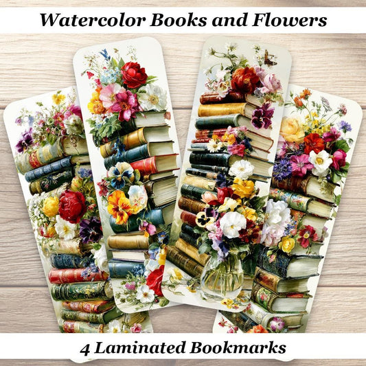 Watercolor Books and Flowers Bookmarks. Set of 4 Laminated Vintage Floral Bookmarks.