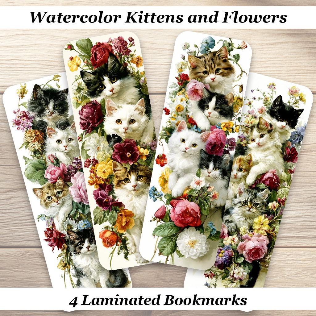 Watercolor Kittens and Flowers Bookmarks. Set of 4 Laminated Cute Cat Lover Bookmarks.
