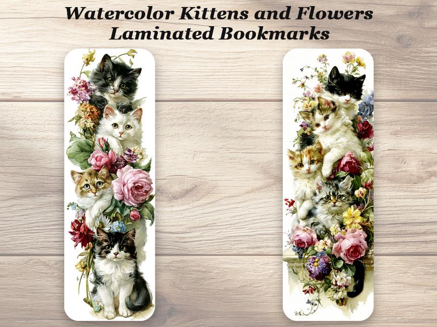 Watercolor Kittens and Flowers Bookmarks. Set of 4 Laminated Cute Cat Lover Bookmarks.