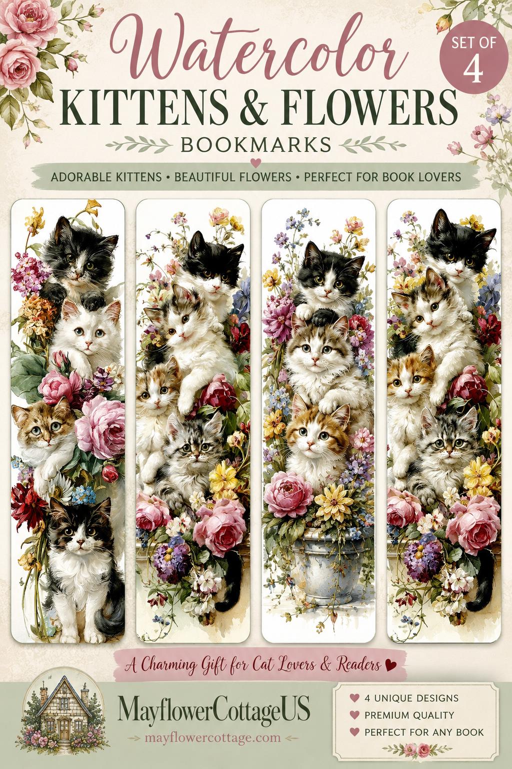 Watercolor Kittens and Flowers Bookmarks. Set of 4 Laminated Cute Cat Lover Bookmarks.