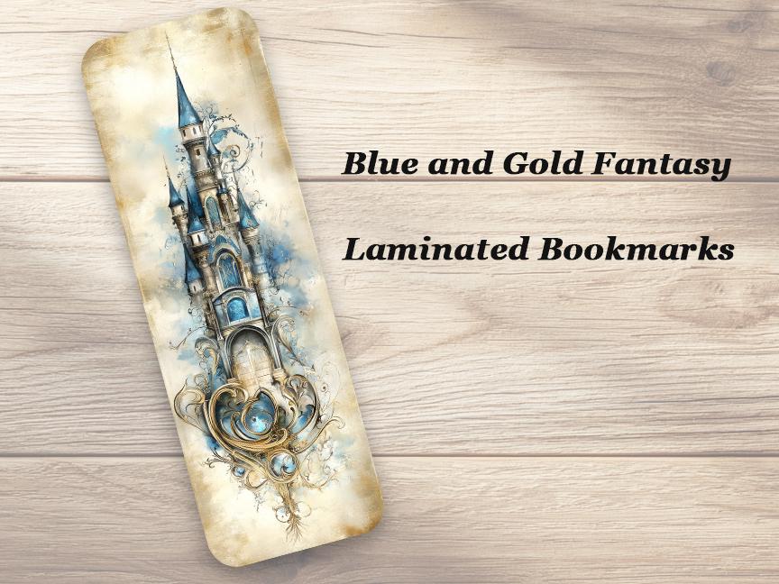 Blue and Gold Fantasy Bookmarks. Set of 4 Laminated Elegant Bookmark. Book Lover Gift