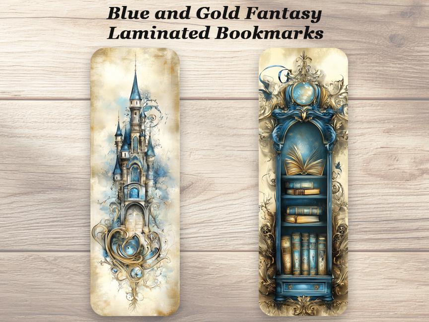 Blue and Gold Fantasy Bookmarks. Set of 4 Laminated Elegant Bookmark. Book Lover Gift
