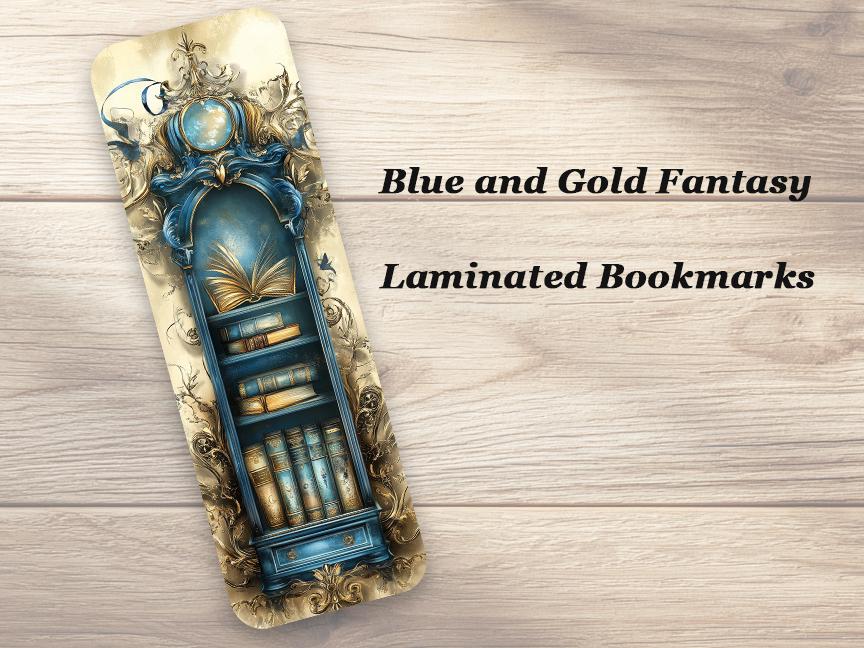 Blue and Gold Fantasy Bookmarks. Set of 4 Laminated Elegant Bookmark. Book Lover Gift