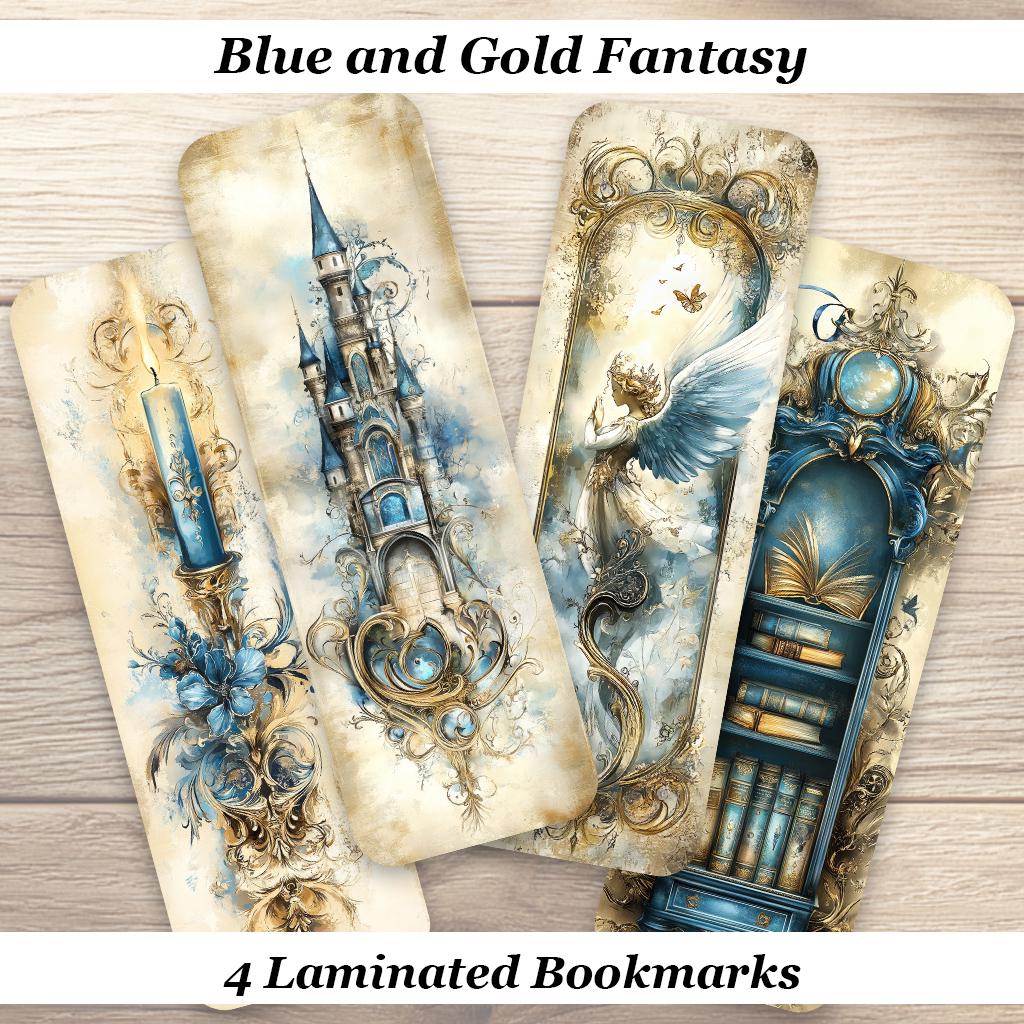 Blue and Gold Fantasy Bookmarks. Set of 4 Laminated Elegant Bookmark. Book Lover Gift