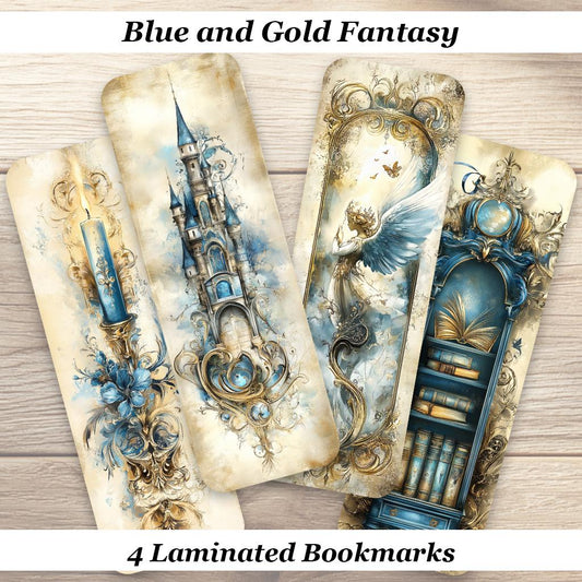 Blue and Gold Fantasy Bookmarks. Set of 4 Laminated Elegant Bookmark. Book Lover Gift