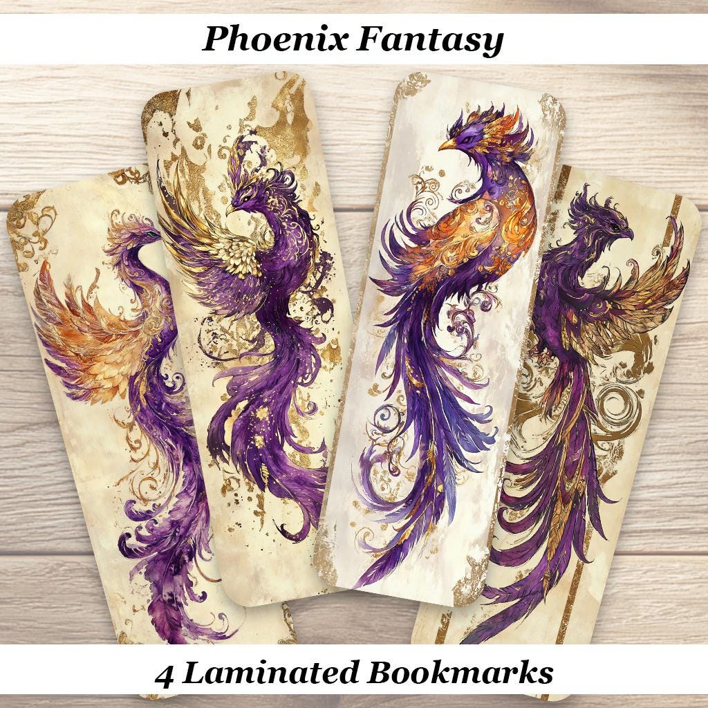 Phoenix Fantasy Laminated Bookmarks. Set of 4 Laminated Mythical Bookmarks. Book Lover Gift