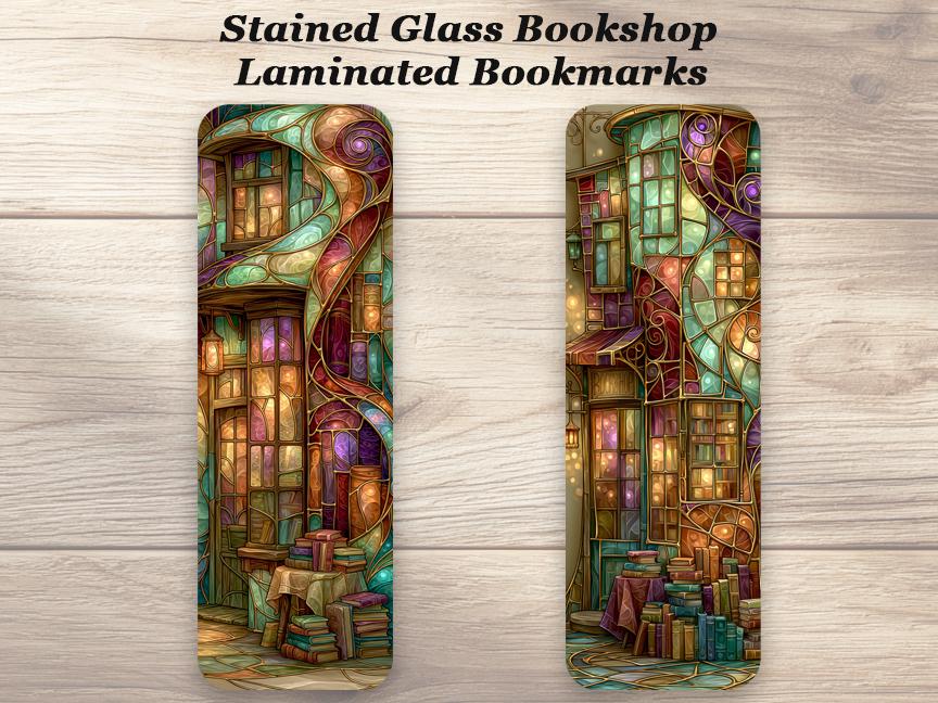 Stained Glass Bookshop Bookmarks. Set of 4 Laminated Colorful Fantasy Bookmarks. Unique Reading Gift.