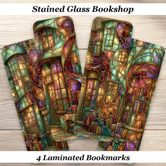Stained Glass Bookshop Bookmarks. Set of 4 Laminated Colorful Fantasy Bookmarks. Unique Reading Gift.
