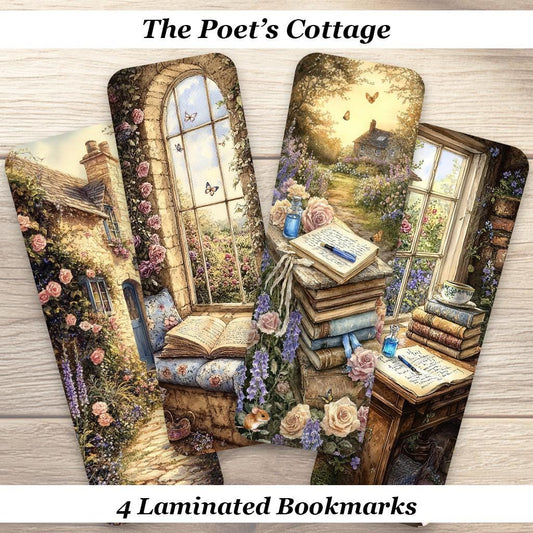 The Poet's Cottage Bookmark Set. Set of 4 Laminated Literary Cottagecore Bookmarks.