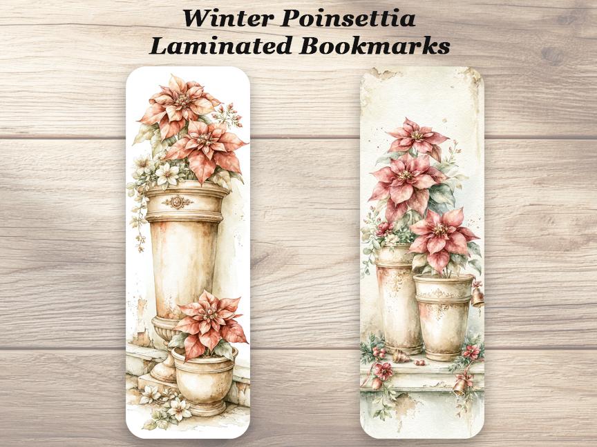 Winter Poinsettias Bookmarks. Set of 4 Laminated Christmas Floral Bookmarks. Ideal  Winter Reading Gift
