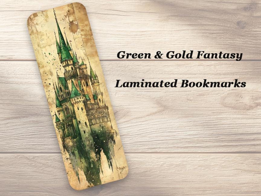 Green and Gold Fantasy Bookmarks. Set of 4 Laminated Gothic Fantasy Bookmarks.