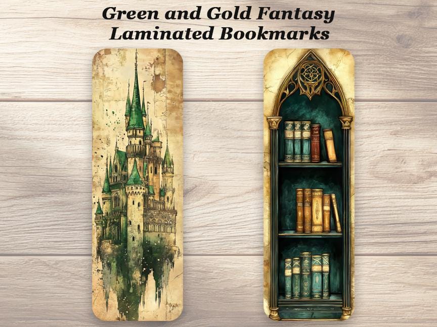 Green and Gold Fantasy Bookmarks. Set of 4 Laminated Gothic Fantasy Bookmarks.