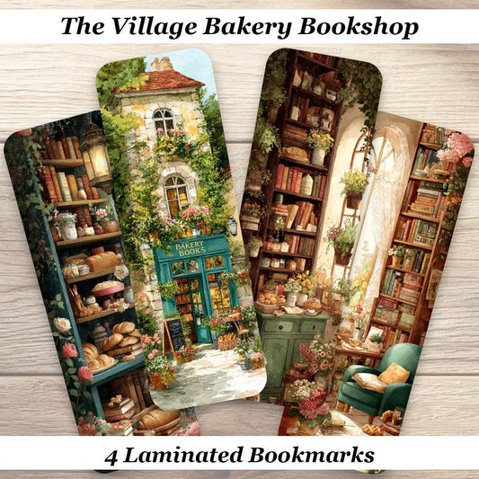 The Village Bakery Bookshop Bookmark Set. Set of 4 Laminated Cozy Book Lover Bookmarks