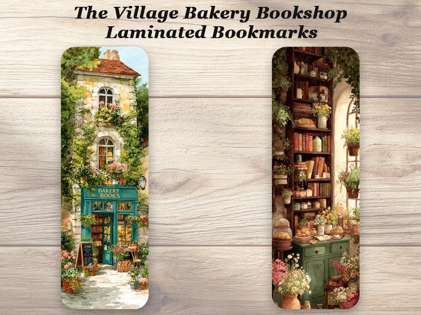 The Village Bakery Bookshop Bookmark Set. Set of 4 Laminated Cozy Book Lover Bookmarks
