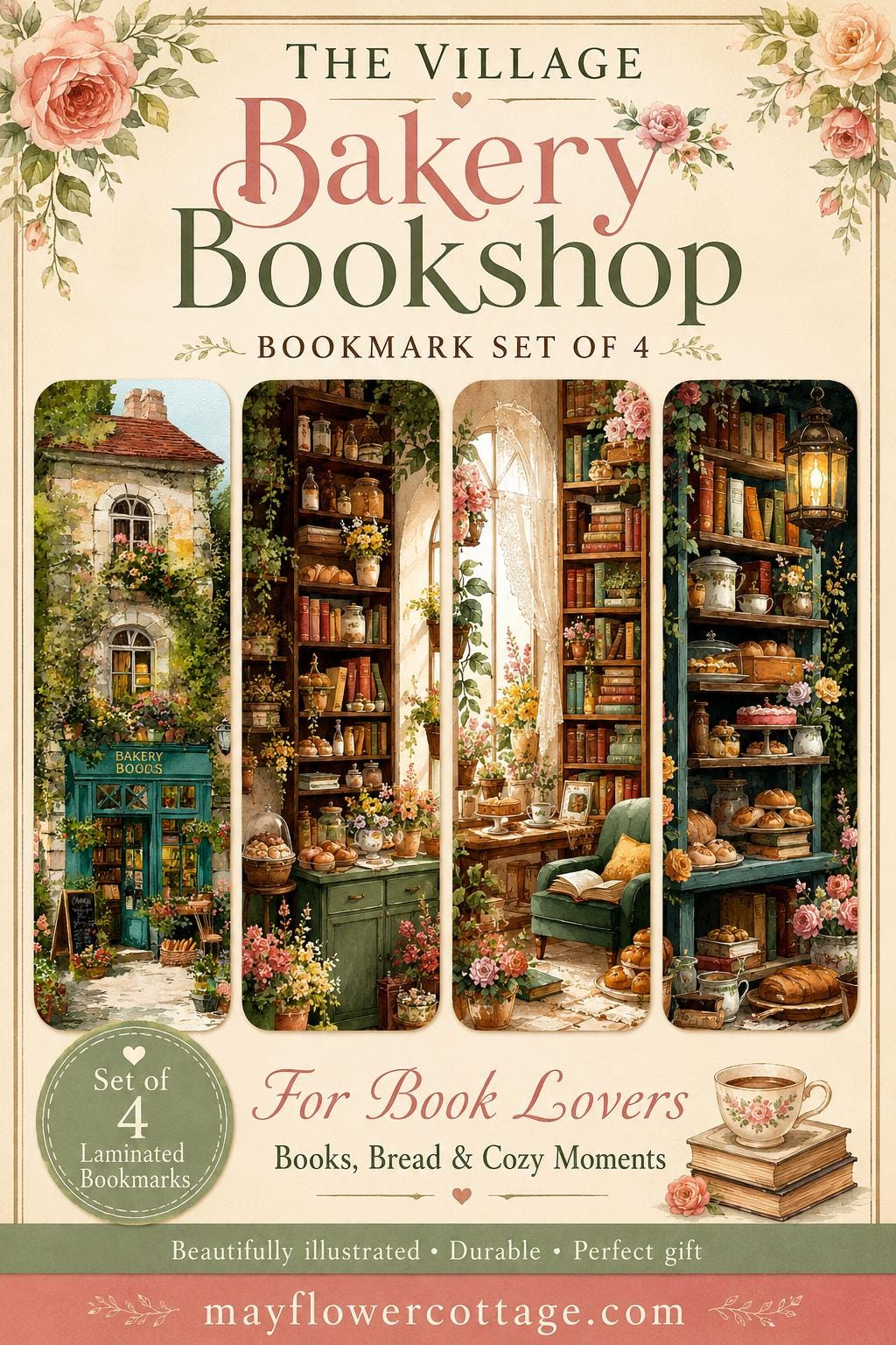 The Village Bakery Bookshop Bookmark Set. Set of 4 Laminated Cozy Book Lover Bookmarks