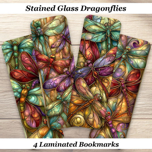 Stained Glass Dragonflies Bookmarks. Set of 4 Laminated Bookmarks. Book Lover Gift