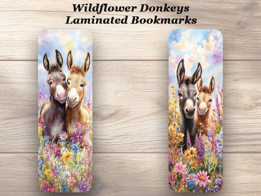 Wildflower Donkeys Bookmarks. Set of 4 Laminated Cute Donkey Ideal Gift for Book Lovers