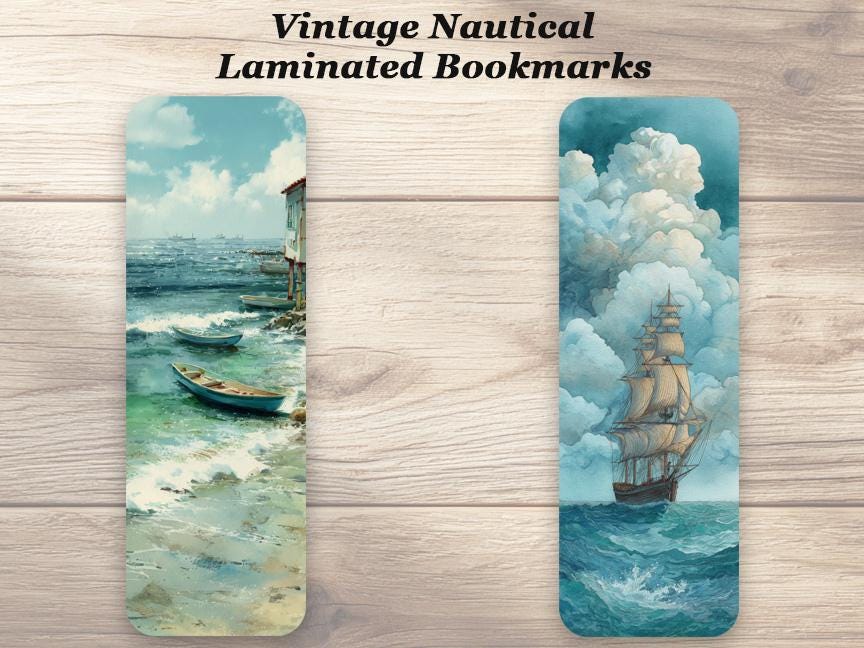 Vintage Nautical Bookmarks. Set of 4 Laminated Coastal Ocean Bookmarks. Gift for Book Lovers