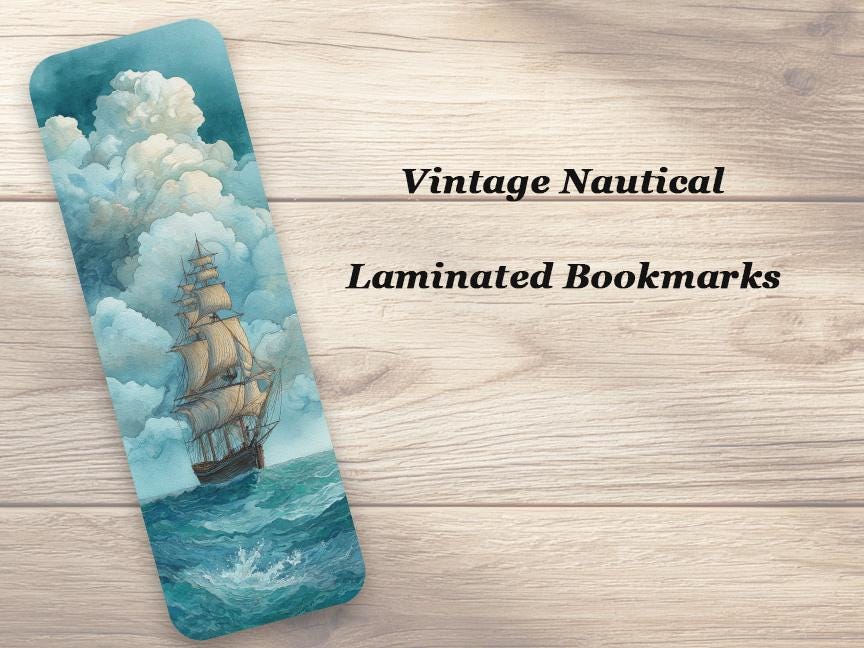 Vintage Nautical Bookmarks. Set of 4 Laminated Coastal Ocean Bookmarks. Gift for Book Lovers