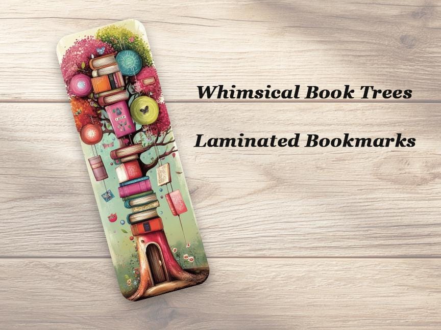 Whimsical Book Trees Bookmarks. Set of 4 Laminated Book Lover Bookmarks. Reading Gift for Bookworms.