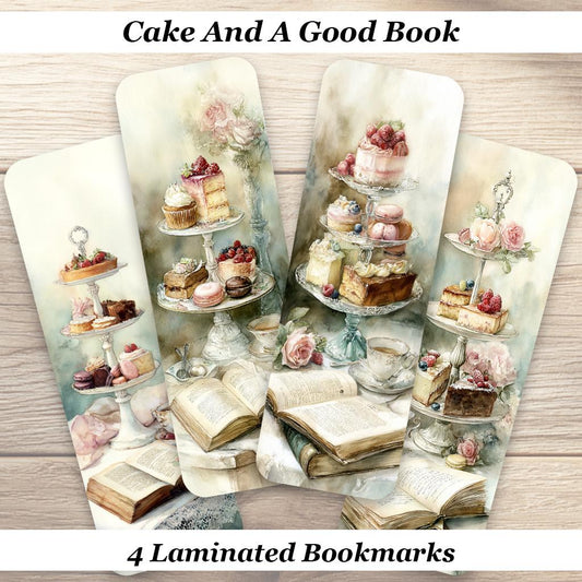 Cake And A Good Book Bookmark Set. Set of 4 Laminated Watercolor Bookmarks. Cottagecore Book Lover Gift