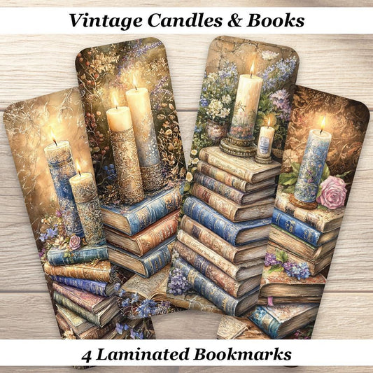 Vintage Candles and Books Bookmarks. Set of 4 Laminated Cottagecore Style Bookmarks. Book Lover Gift.