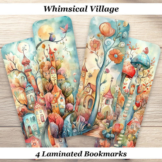 Whimsical Village Bookmark. Set of 4 Laminated Cottagecore Bookmarks, Cute Book Lover Gift.
