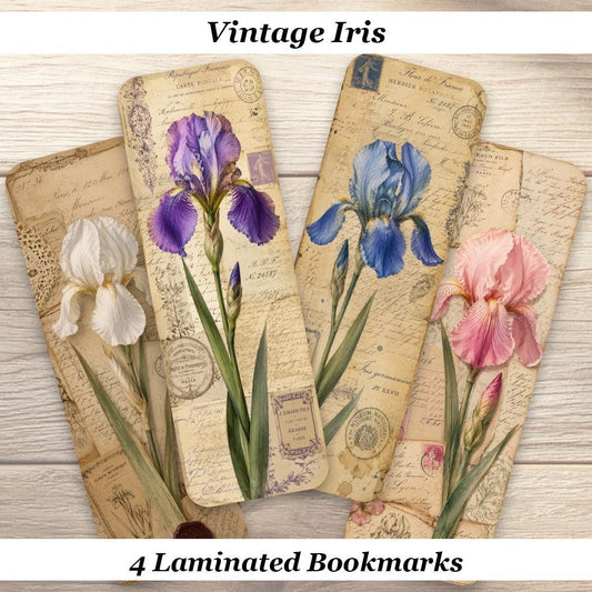 Vintage Iris Bookmarks. Set of 4 Laminated Antique Botanical Bookmarks. Book Lovers Gift.