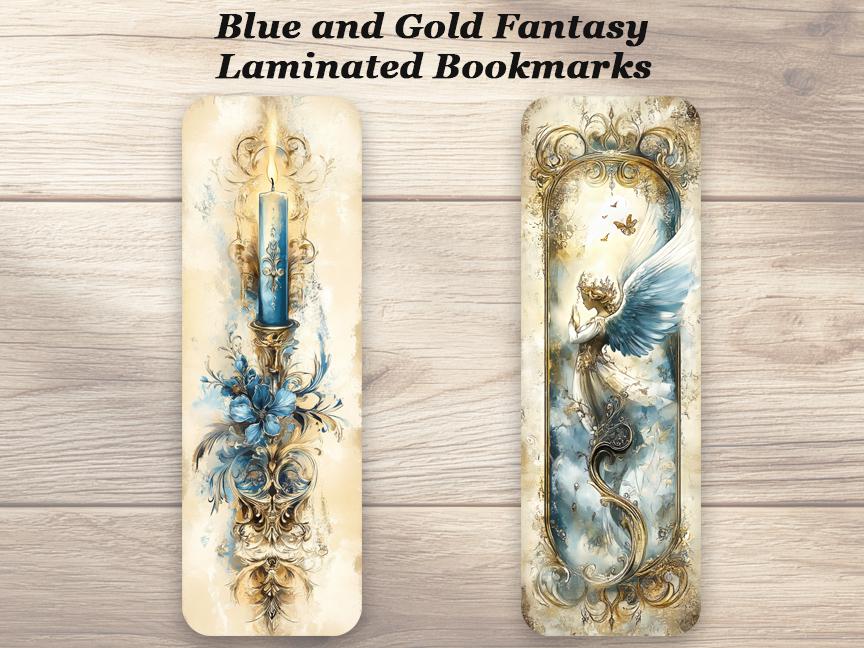 Blue and Gold Fantasy Bookmarks. Set of 4 Laminated Elegant Bookmark. Book Lover Gift