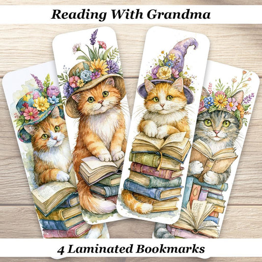 Reading With Grandma Bookmarks Set of 4 Laminated Cute Cat Bookmarks. Reader Gift.