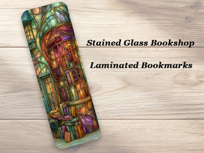 Stained Glass Bookshop Bookmarks. Set of 4 Laminated Colorful Fantasy Bookmarks. Unique Reading Gift.