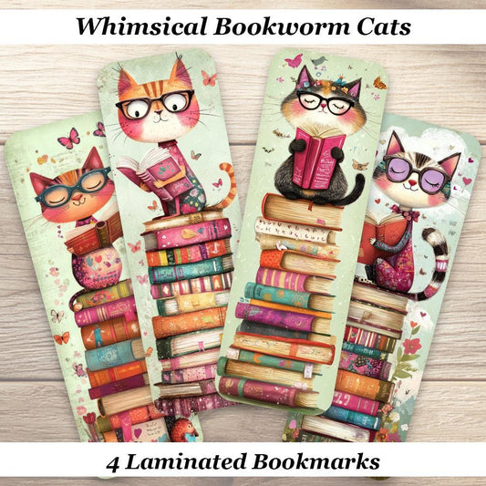 Whimsical Bookworm Cats Bookmarks. Set of 4 Laminated Cute Reading Cat Bookmarks. Teacher, Book Clubs & Cat Lover Gift.