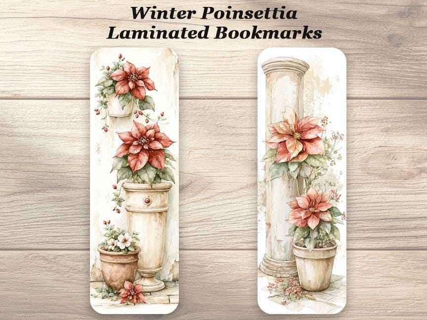Winter Poinsettias Bookmarks. Set of 4 Laminated Christmas Floral Bookmarks. Ideal  Winter Reading Gift