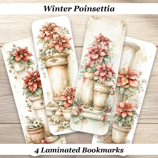 Winter Poinsettias Bookmarks. Set of 4 Laminated Christmas Floral Bookmarks. Ideal  Winter Reading Gift