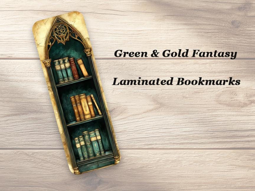 Green and Gold Fantasy Bookmarks. Set of 4 Laminated Gothic Fantasy Bookmarks.
