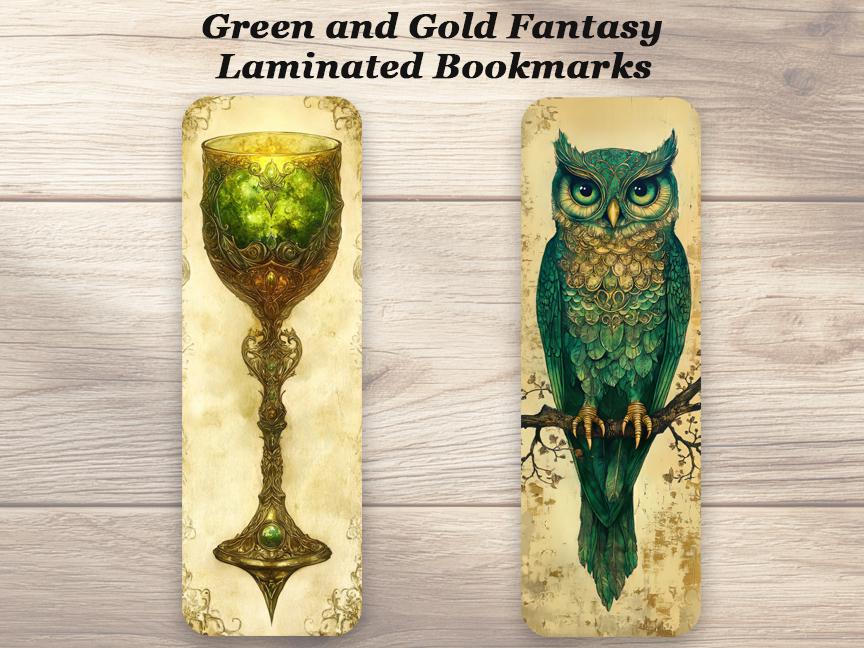 Green and Gold Fantasy Bookmarks. Set of 4 Laminated Gothic Fantasy Bookmarks.