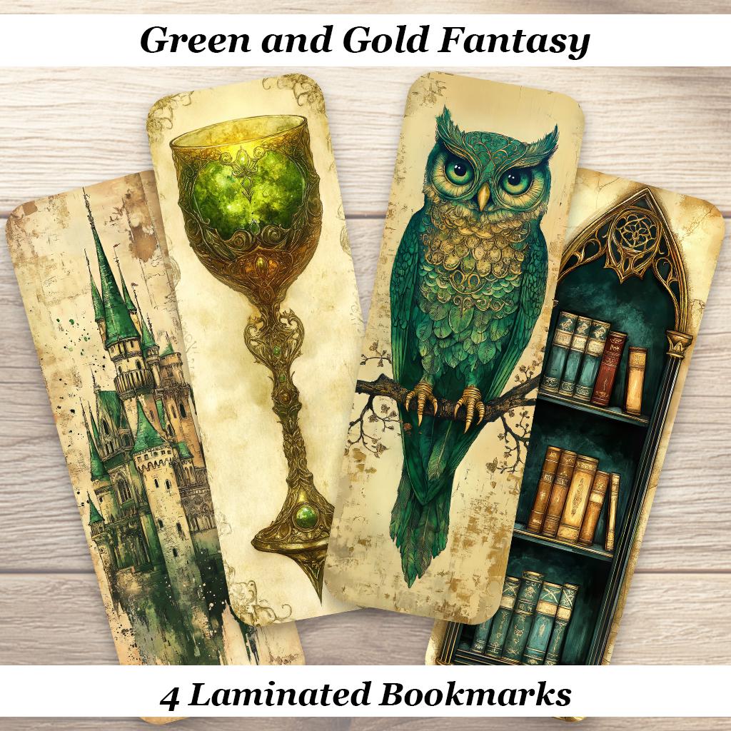 Green and Gold Fantasy Bookmarks. Set of 4 Laminated Gothic Fantasy Bookmarks.