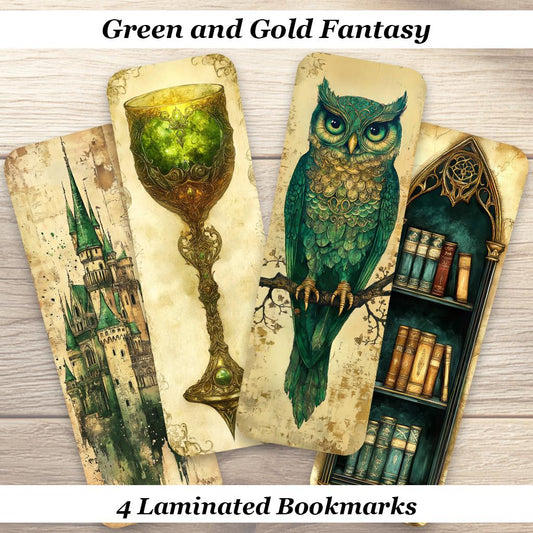 Green and Gold Fantasy Bookmarks. Set of 4 Laminated Gothic Fantasy Bookmarks.