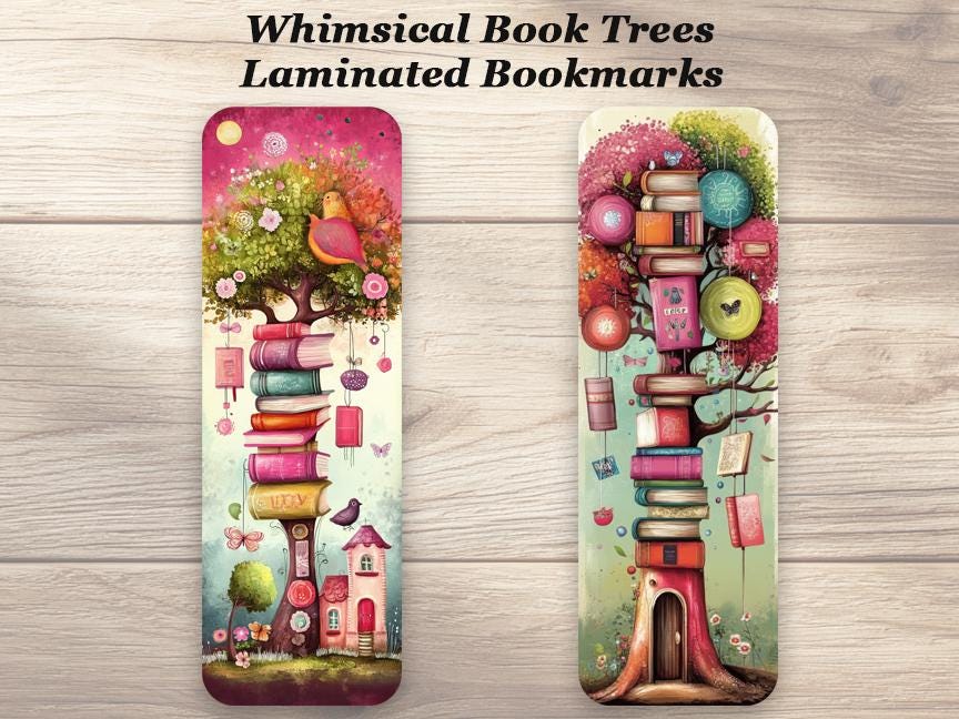 Whimsical Book Trees Bookmarks. Set of 4 Laminated Book Lover Bookmarks. Reading Gift for Bookworms.