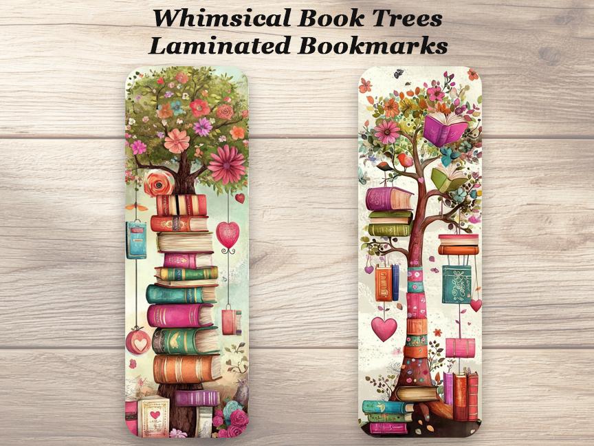 Whimsical Book Trees Bookmarks. Set of 4 Laminated Book Lover Bookmarks. Reading Gift for Bookworms.