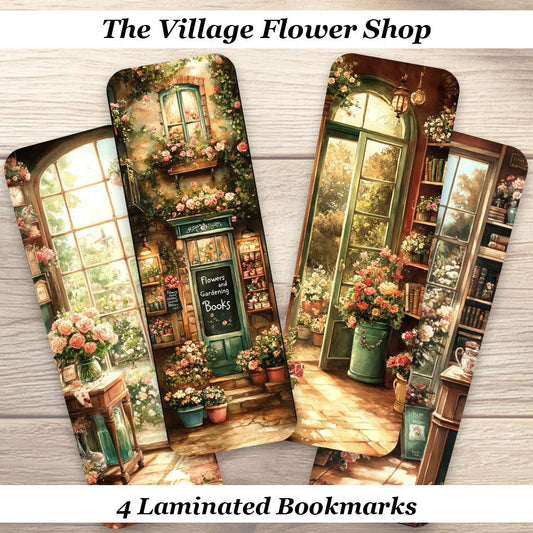 The Village Flower Shop Bookmarks. Set of 4 Laminated  Floral Bookstore Bookmarks