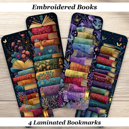 Embroidered Books Bookmarks. Set of 4 Laminated Cottagecore Bookmarks. Reading Accessories