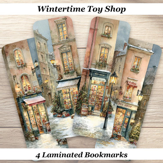 Winter Toy Shop Bookmarks. Set of 4 laminated Cozy Christmas Bookmarks. Ideal gift for all book lovers.