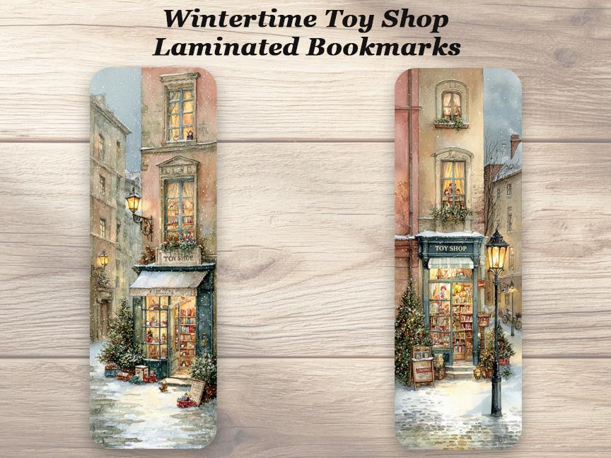 Winter Toy Shop Bookmarks. Set of 4 laminated Cozy Christmas Bookmarks. Ideal gift for all book lovers.