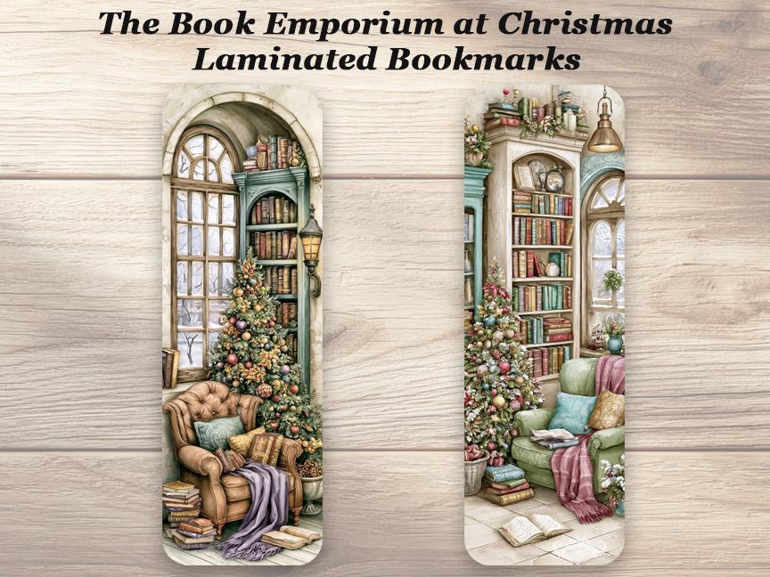 The Book Emporium At Christmas Bookmark Set. Set of 4 Laminated Winter Holiday Bookmarks
