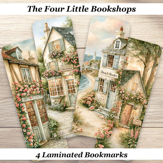 The Four Little Bookshops Bookmark Set. Set of 4 Laminated Cottagecore Bookmarks. Book Lover Gift.