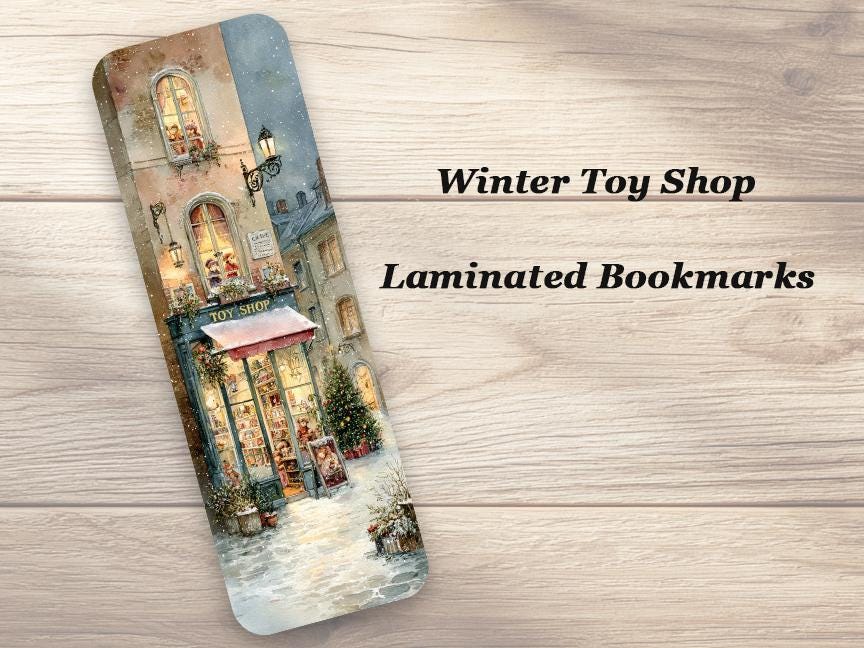 Winter Toy Shop Bookmarks. Set of 4 laminated Cozy Christmas Bookmarks. Ideal gift for all book lovers.